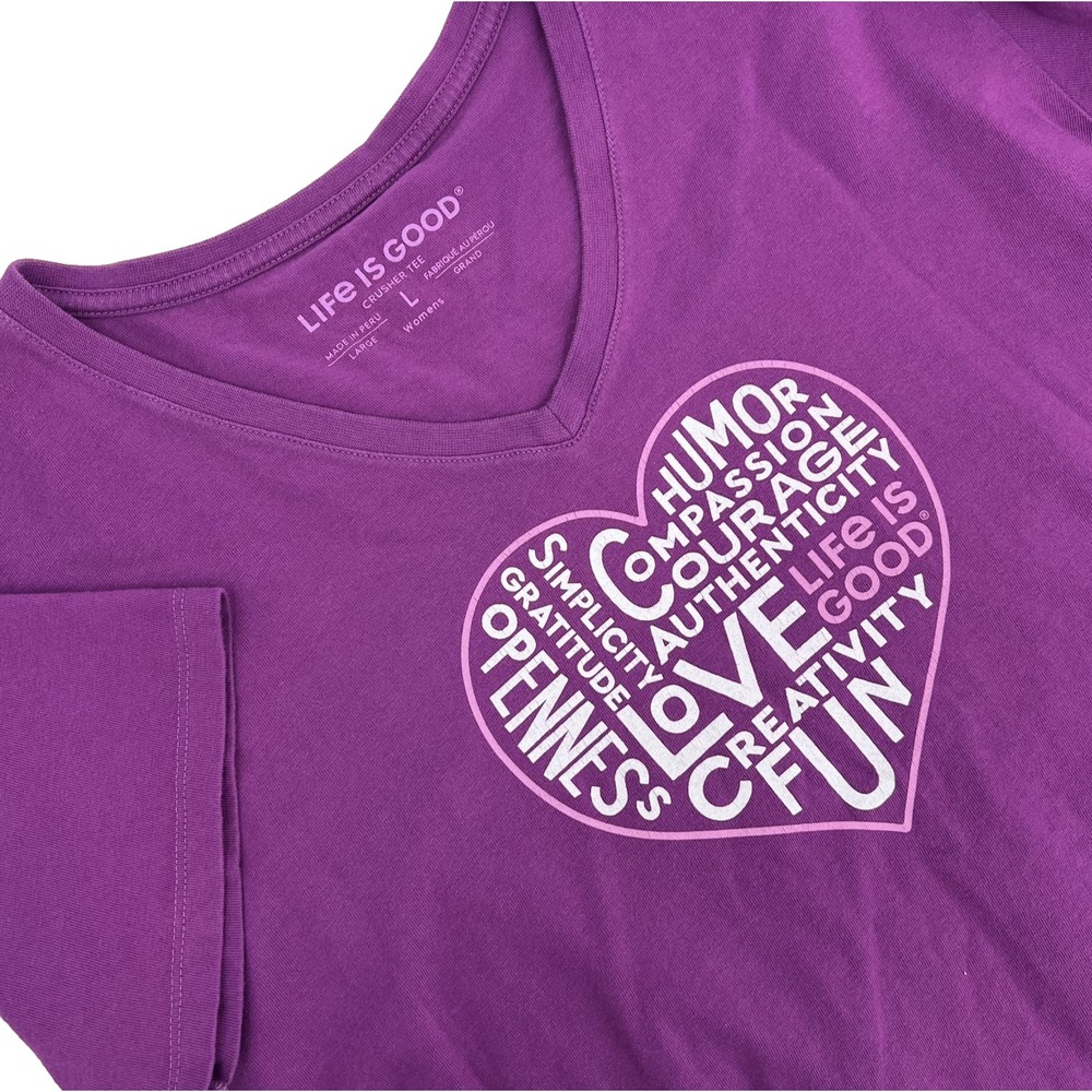 LIFE IS GOOD Women's Sz L Magenta POSITIVITY V-Neck Short-Sleeve Crusher T-Shirt